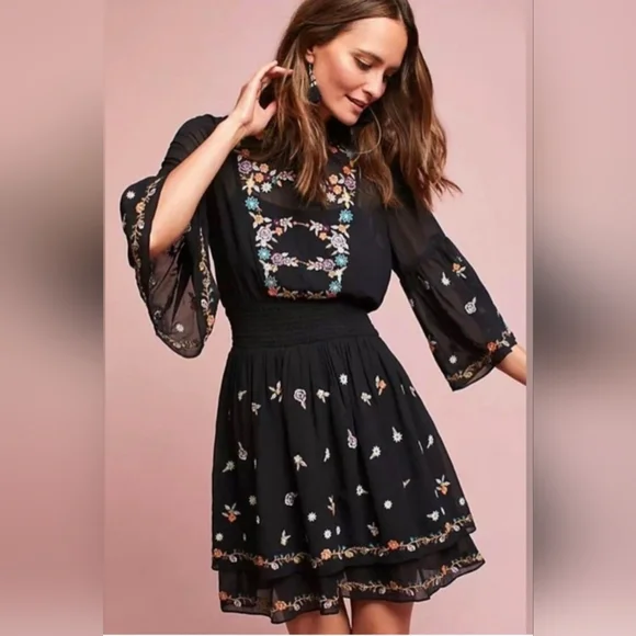 Anthropologie Maeve Anfisa Floral Embroidered Chiffon Mini Dress Womens 2 Black - Picture 16 of 16
